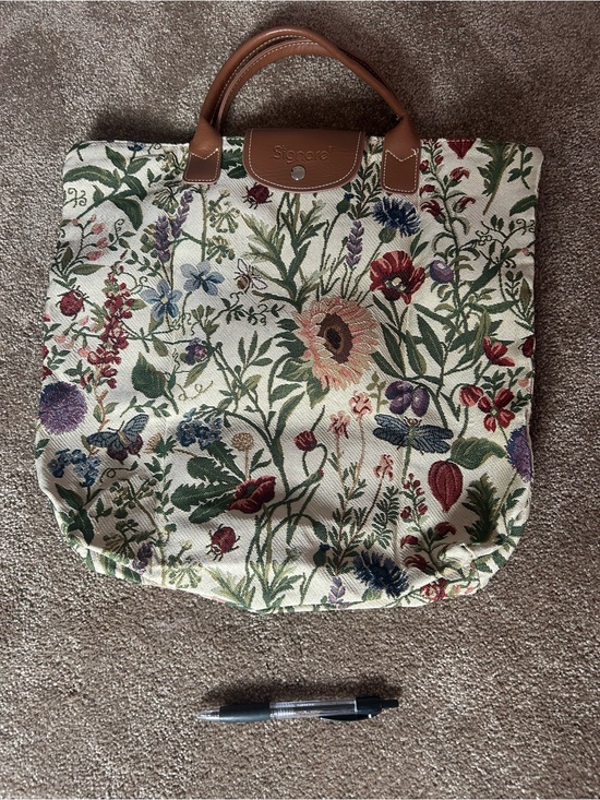 Signare Handbags - Floral Tapestry Tote with Brown Leather Handles
